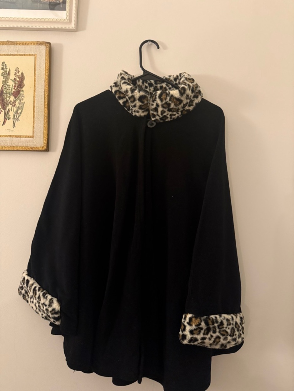 Black Women's Cape Sweater with Leopard Faux-Fur Trim
